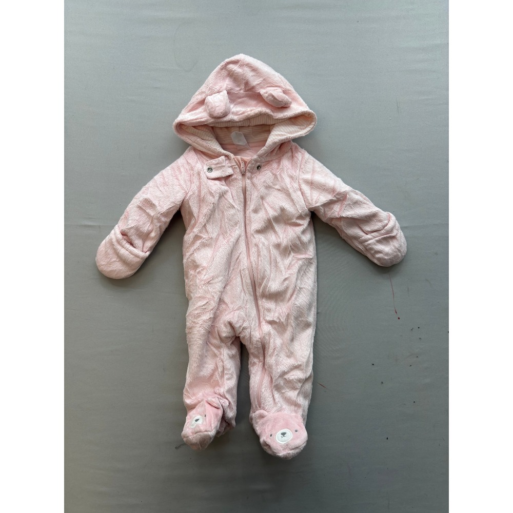 Carters Baby Girl Pink Faux Fur Fleece Hooded Pram Suit Bear Ears Footed 9M
